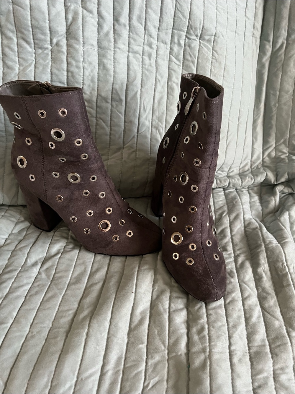 X2 Dark Grey Suede Grommet Block Heel Ankle Boots